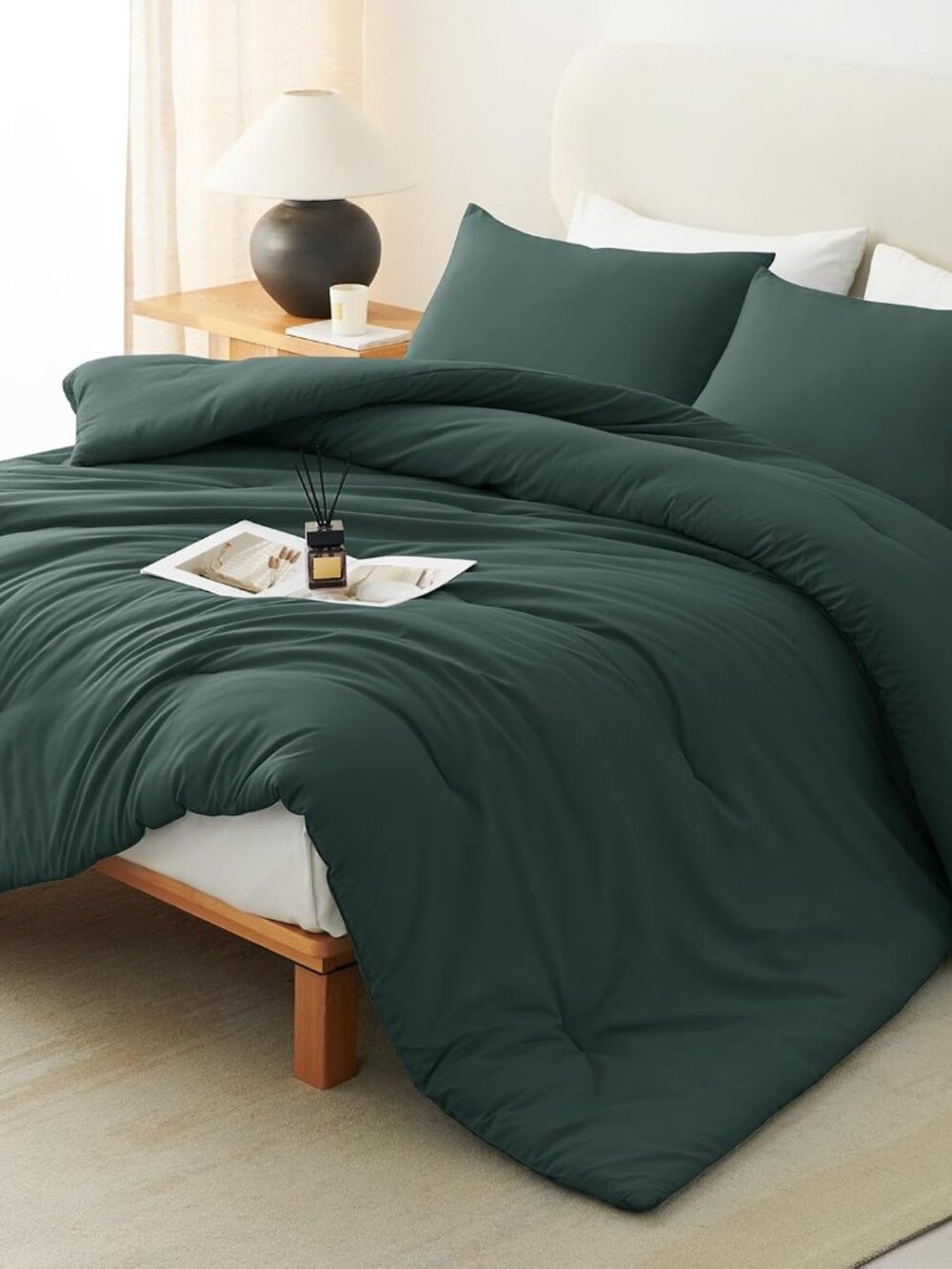 Queen Comforter Set, 3 Pieces Down Alternative Bedding Forest Green